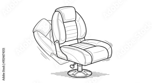 Adjustable boat seat with reclining backrest, black and white line drawing illustration