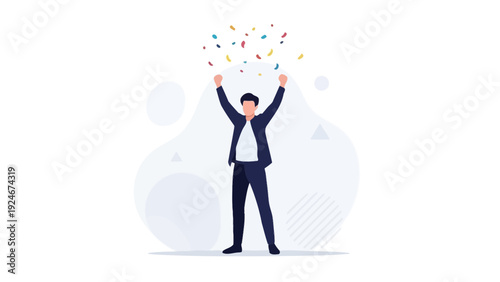 Man celebrating success with confetti and raised arms vector illustration