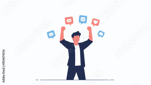 Man celebrating success with social media notifications