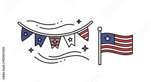 American Flag and Bunting Garland with Stars and Stripes for Patriotic Celebration