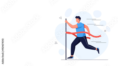 Man crossing finish line ribbon, achieving goal, winning race, illustration