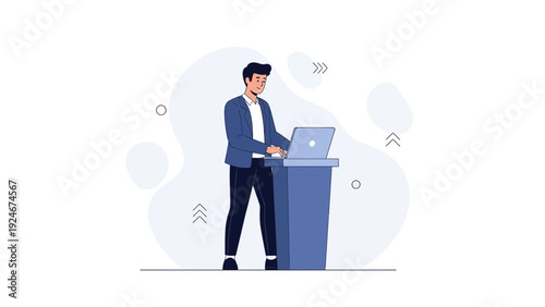 Man Giving Presentation at Podium with Laptop, Business Speaker, Public Speaking