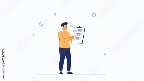 Man holding checklist, task completion, planning, strategy, modern illustration