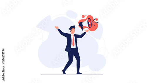 Man in Suit Shouting Through Megaphone, Announcing News, Marketing Promotion