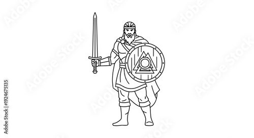 Viking Warrior with Sword and Shield, Line Art Illustration