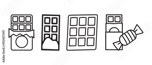 Hand drawn line art of various chocolate bar shapes and a single wrapped candy piece.