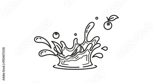 Splash of Blueberry Juice with Berries and Leaves, Hand-Drawn Style