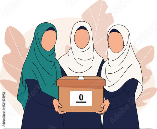 Women in Hijabs Holding Donation Box for Charity and Community Support