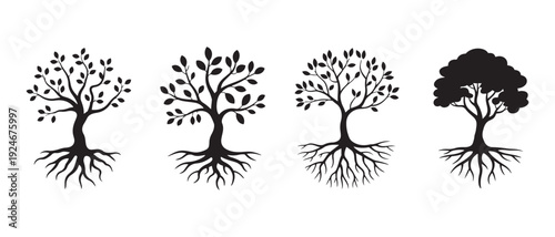 Black silhouettes of trees with visible root systems isolated on a white background.