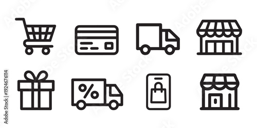 Modern E-commerce Shopping and Delivery Outline Icons Collection for Digital Business and Retail.