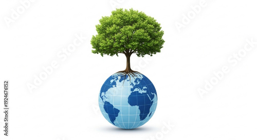 Green tree growing from a blue globe representing global environmental conservation and sustainability efforts worldwide