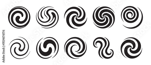 Set of ten minimalist black and white vortex and spiral graphic elements for design projects.