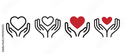 Hands Holding Hearts Vector Icon Set. Symbolizing Love, Care, Charity, and Protection on White Background.