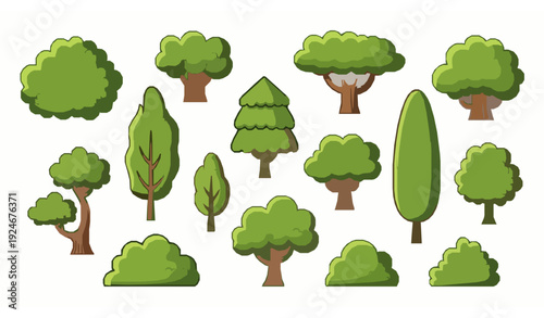 Cute Cartoon Green Trees Vector Set Isolated on White for Kids and Nature Design