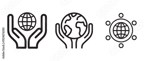 Global Earth Protection And Network Icons. Hands Holding World for Environmental Care and Worldwide Connectivity.