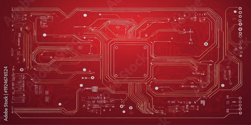 High-tech electronic circuit board pattern features a digital processor chip and motherboard hardware components for engineering and computer technology design