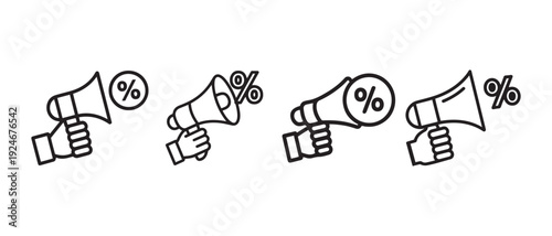Hands Holding Megaphones Announcing Discount Promotions with Percentage Symbols Marketing Vector Icons.