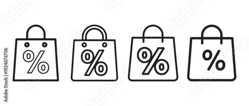 Black Outline Shopping Bag Icons. with Percentage Signs for Sales, Discounts, and Online Deals.