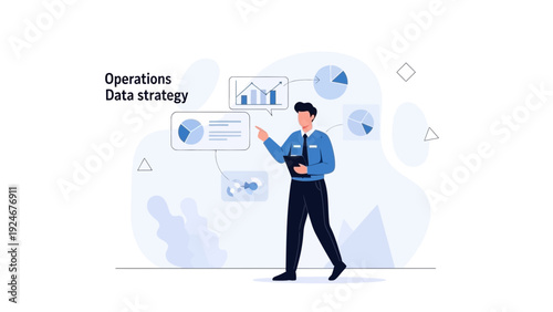 Business analytics concept, man pointing at data strategy charts and graphs