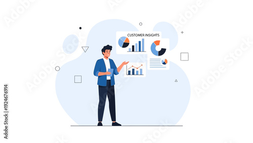 Business Analytics Presentation: Man Analyzing Data Charts for Customer Insights