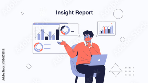 Business Analyst Explaining Insight Report with Data Charts and Laptop
