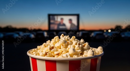 Drive-in movie theater with popcorn in foreground.