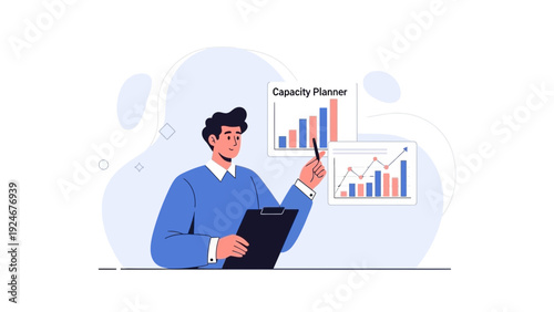 Business analyst planning capacity with charts and graphs