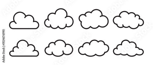 Set of eight cartoon cloud icons. with simple outline, various shapes and sizes on white background, clean graphic elements.