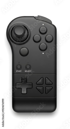 Modern Black Video Game Controller with Joystick and Buttons.