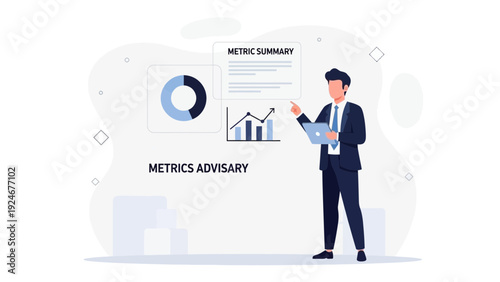 Business analyst presenting metrics summary with graphs and data visualization