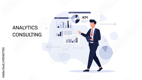 Business analyst presenting KPI data and analytics charts