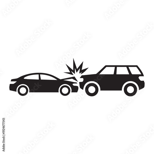 Two cars colliding with impact shown in a simple illustration