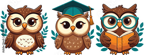 Wallpaper Mural Cute Cartoon Owl Character Set with Graduation Cap and Reading Book Isolated on White Background for Education School Library and Back to School Design Torontodigital.ca