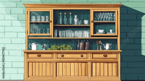 Wooden cabinet displaying glassware and kitchen items against a teal wall