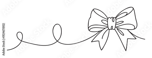 Elegant continuous line art drawing of a decorative ribbon bow with a flowing tail, perfect for gift wrapping, invitations, or celebration event decoration purposes.