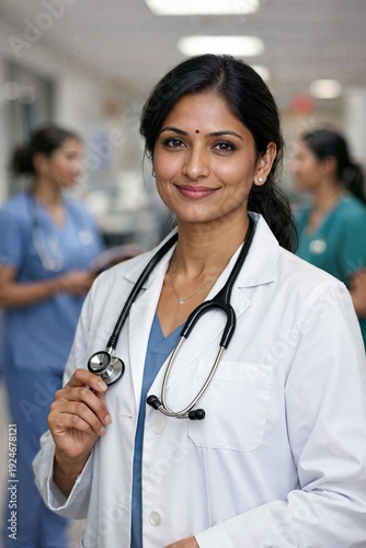 Professional Indian female doctor standing confidently, full face visible, clean white coat and stethoscope, hospital background with 2–3 nurses slightly blurred