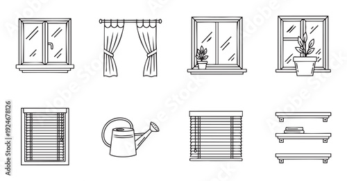 Set of minimalist window and home interior outline icons featuring various window styles, curtains, blinds, potted plants, watering can, and wall shelves for domestic applications.