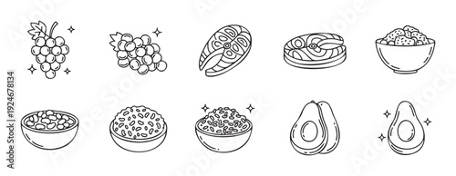 Set of minimalist outline symbols featuring nutritious food items such as grapes, fish, rice, legumes, and avocado perfect for healthy lifestyle branding, menus, and foodrelated services