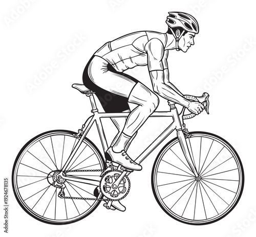 Dynamic black and white line drawing of a male road cyclist in a racing position ready for competition or exercise representing sport and healthy lifestyle for various athletic media.