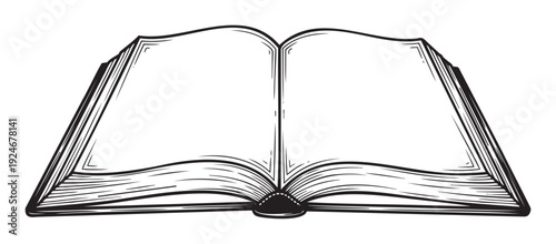Hand drawn open book with empty white pages ready for adding text, illustrations, or graphics for school, college, and reading concepts.