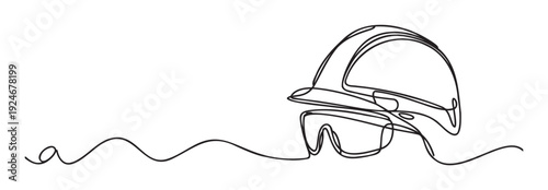 Continuous line drawing of essential personal protective equipment including a hard hat and safety goggles for construction, industrial safety, and workplace security concepts.