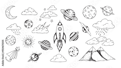Hand drawn collection of space, weather, and nature symbols, perfect for childrens educational materials, playful graphic resources, and engaging visual storytelling projects.