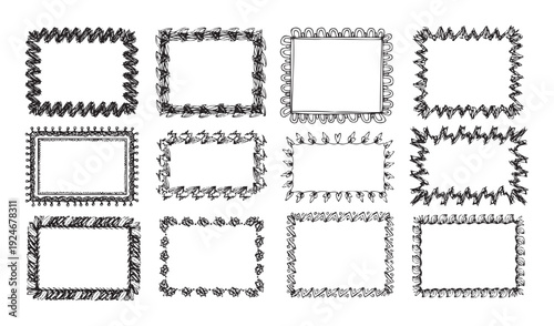 Collection of diverse handdrawn black doodle frames featuring unique decorative borders, perfect for enhancing invitations, certificates, social media graphics, or text box embellishments.