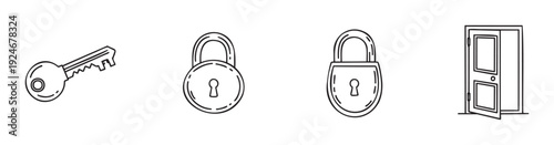 A collection of simple line icons depicting a key, two different styles of padlocks, and an open door, ideal for symbolizing security, access, solutions, and new opportunities in various