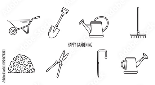 A diverse collection of essential gardening tools and supplies presented in a clean outline style, perfect for illustrating outdoor hobby activities and horticultural tasks.