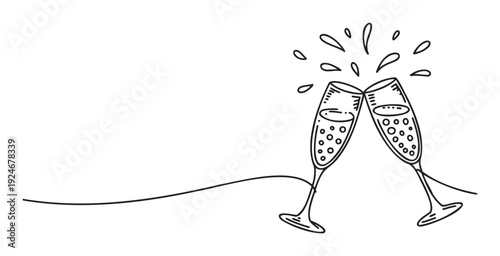 Continuous one line drawing of two champagne flutes clinking together with festive splashes, perfect for celebration invitations, party decor, or New Year event graphics.