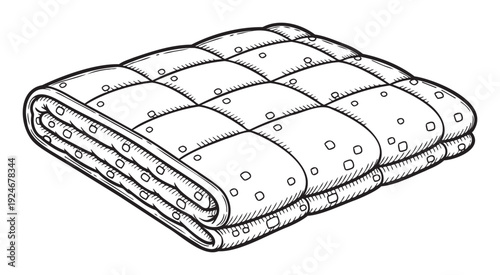 Black and white line drawing of a soft folded quilted blanket, perfect for illustrating home textile catalogs, interior design concepts, or comfort and sleep related merchandise.