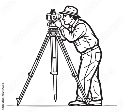 A professional surveyor performing land measurement with a modern surveying instrument on a tripod, ideal for illustrating engineering, construction, or geographical documentation projects.