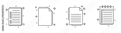 Set of sleek line icons depicting various document styles like checklists, notes, and folded papers, perfect for business presentations, personal productivity apps, or educational materials