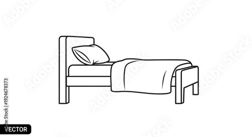 Simple Line Art Drawing of a Bed with Pillow and Blanket